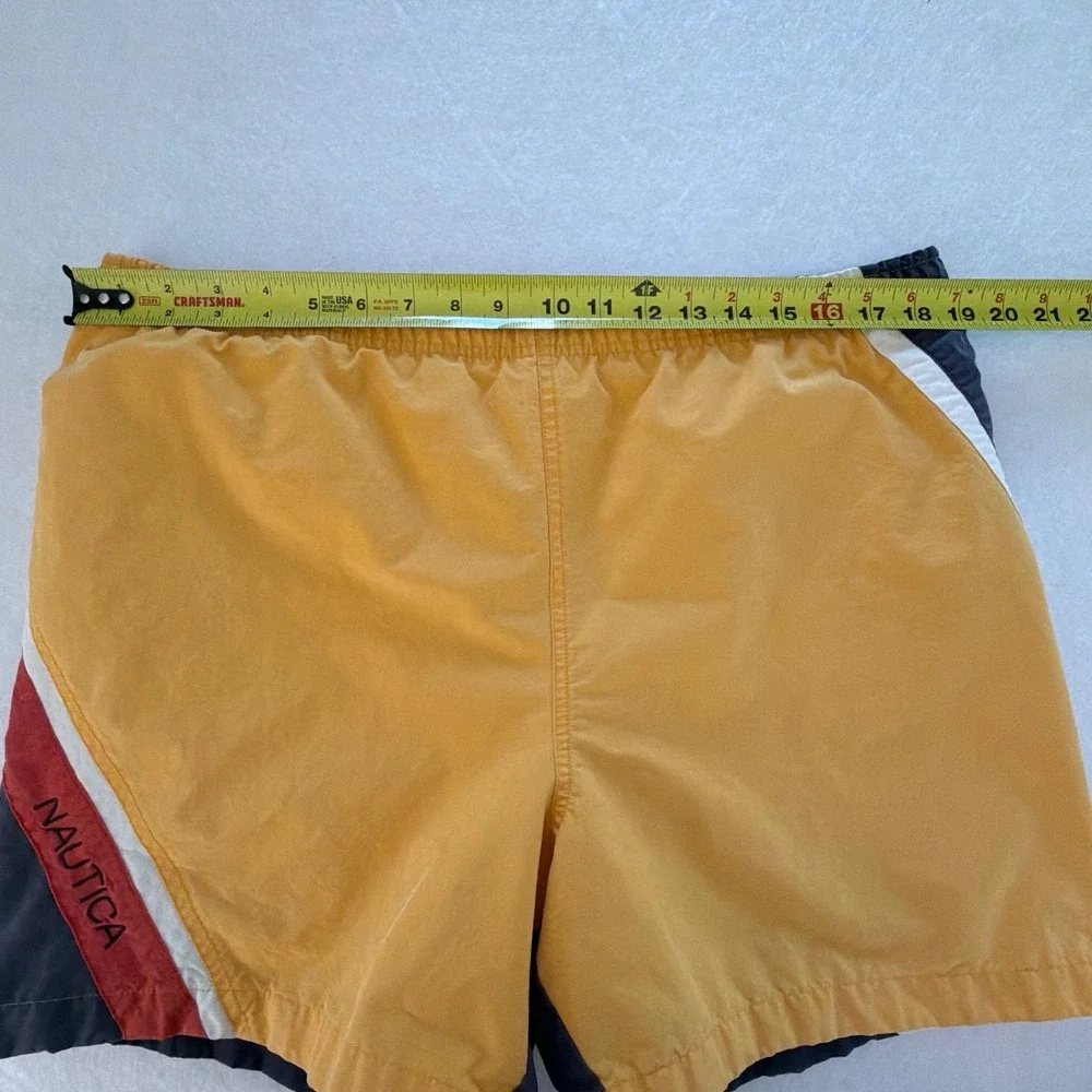Nautica Y2K Mens Medium Swim Trunks Yellow Navy Blue Colorblock Mesh Liner‎